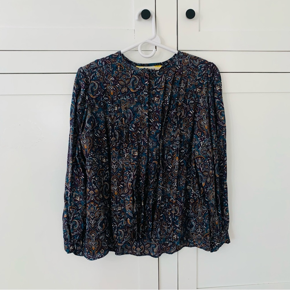 Vintage Wyndham Rayon Petite Blue Floral Print Shoulder Pads Blouse Size 14